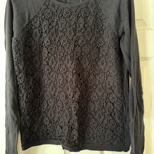 ELLE Black Lace-Front Crewneck Long Sleeve Sweater